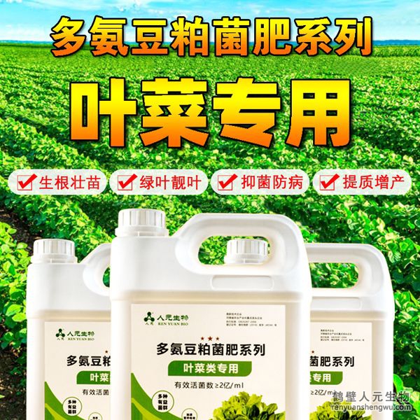 多氨豆粕菌肥系列葉菜類專用肥由河南省微生物菌劑工程技術(shù)研究中心研制，鶴壁市人元生物技術(shù)發(fā)展有限公司生產(chǎn)，本品是以固態(tài)發(fā)酵豆粕為主要原料，豆粕經(jīng)過(guò)有益微生物菌種發(fā)酵分解，充分釋放游離氫基酸，同時(shí)輔以枯草、地衣、膠凍樣芽孢桿菌等有益菌群。